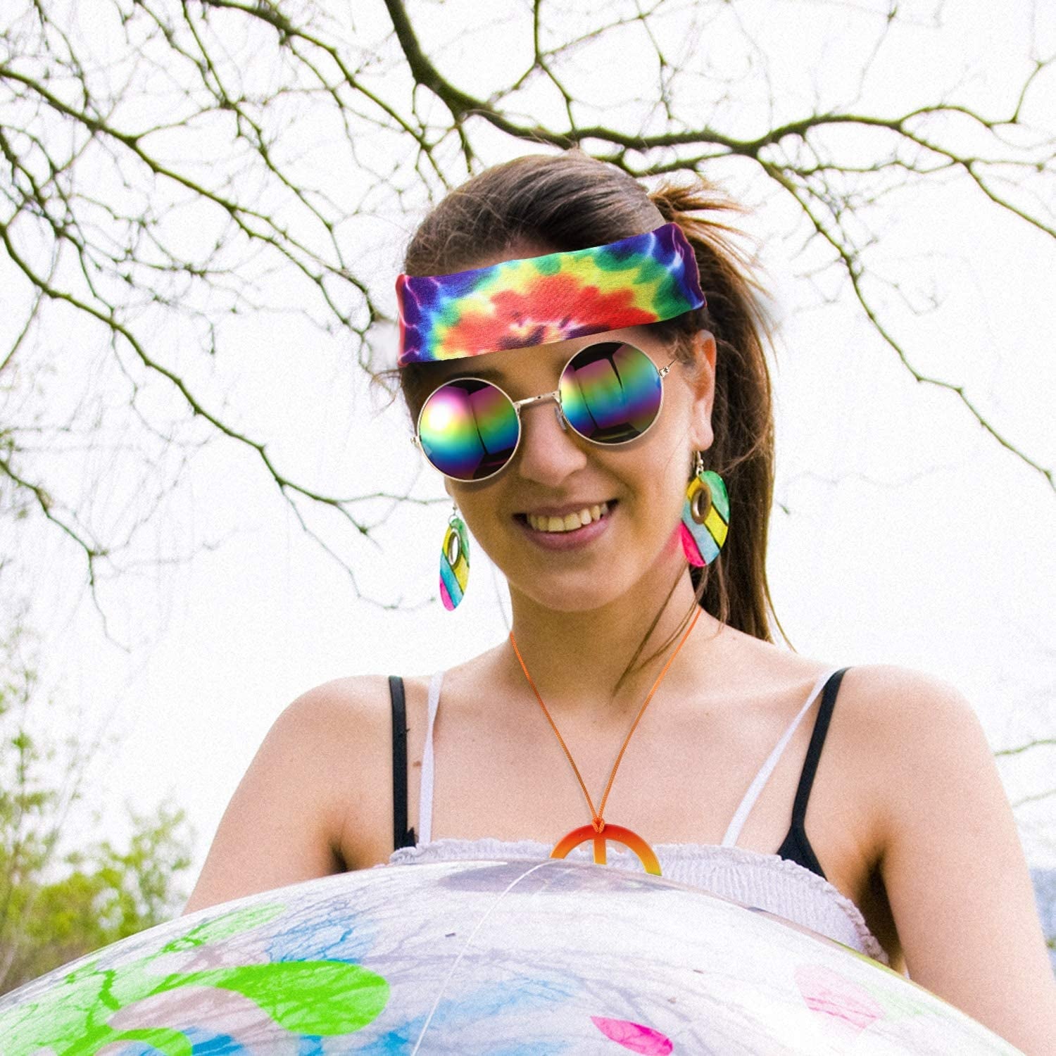 3 Pieces Rainbow Color Hippie Accessories, Including 1 Pair Sunglasses, 1 Peace Sign Necklace and 1 Peace Sign Headscarf