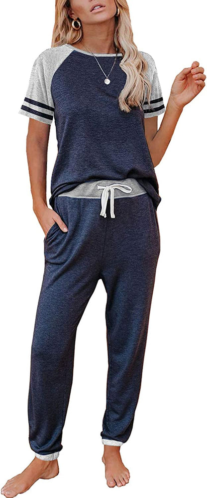 Lounge Sets for Women Two Piece Outfits Loungewear Short Sleeve Crewneck Jogger Pajama Set