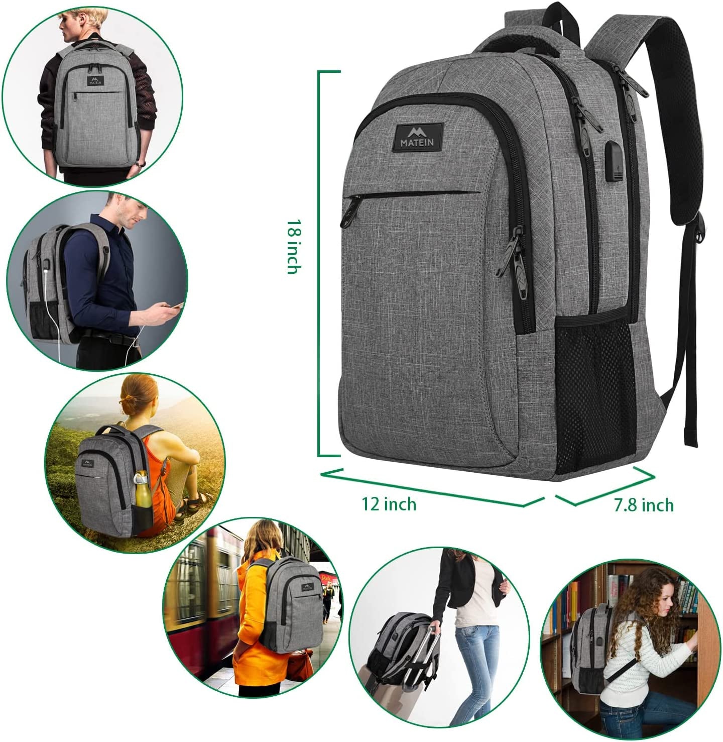 Travel Laptop Backpack, Water Resistant College School Business Computer Bag USB Charging Port