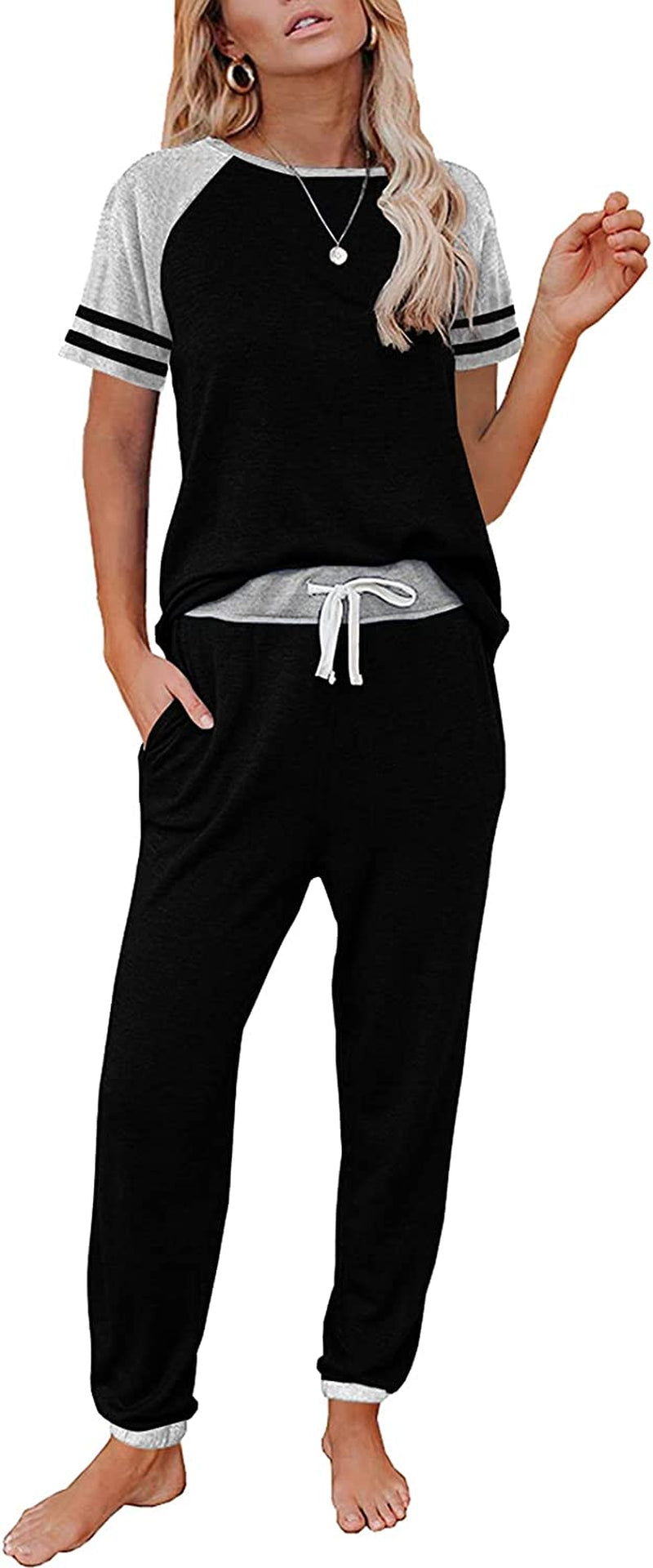 Lounge Sets for Women Two Piece Outfits Loungewear Short Sleeve Crewneck Jogger Pajama Set