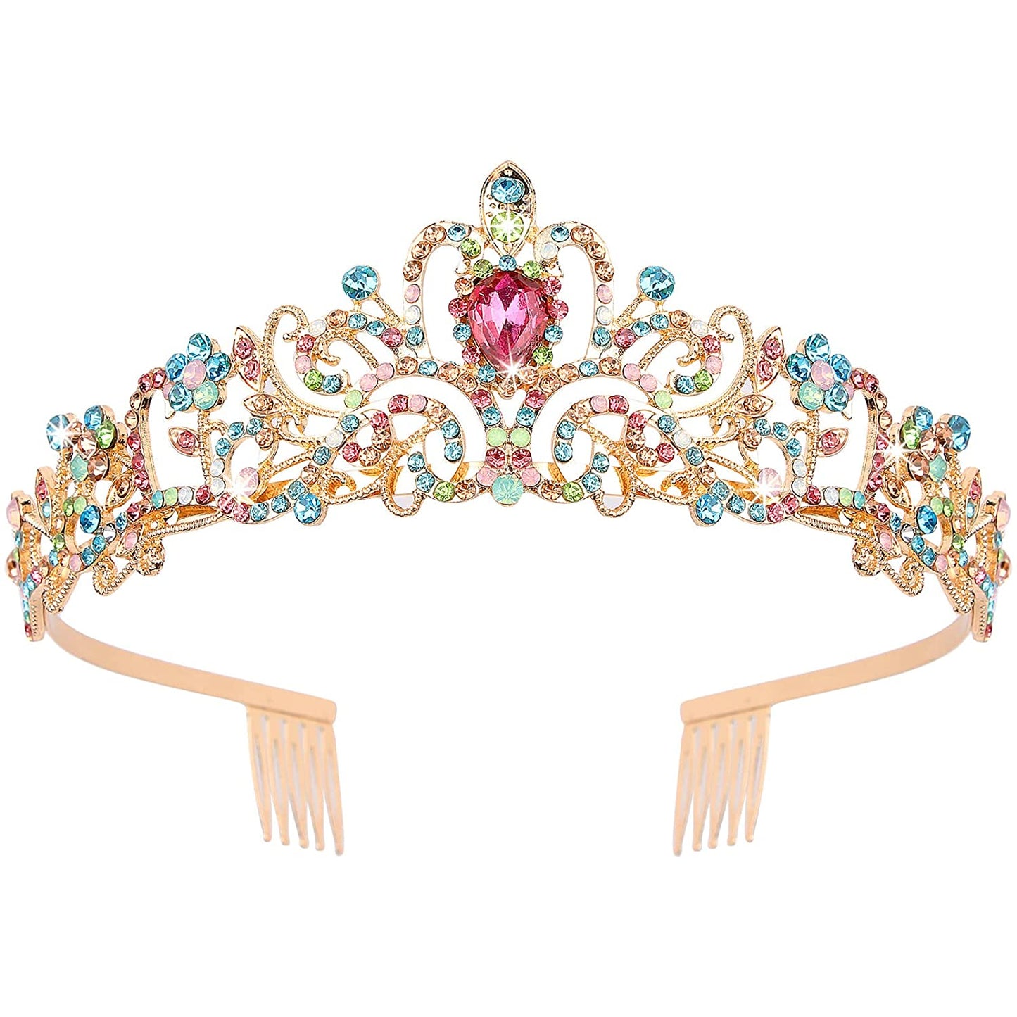 Gold Tiara for Women Crystal Crown with Colorful Gemstones Rhinestones Hair Accessories for Girls