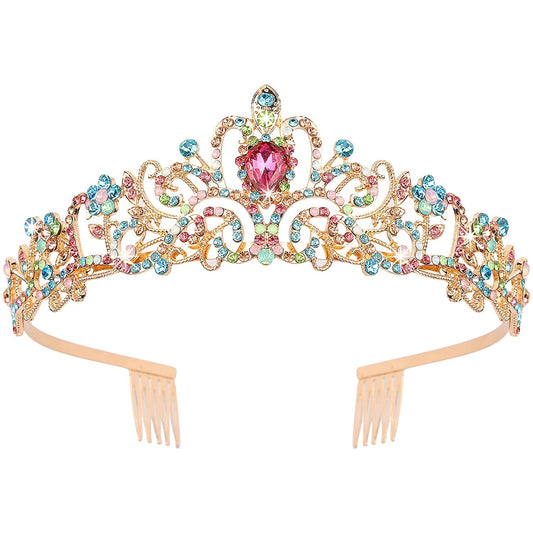 Gold Tiara for Women Crystal Crown with Colorful Gemstones Rhinestones Hair Accessories for Girls