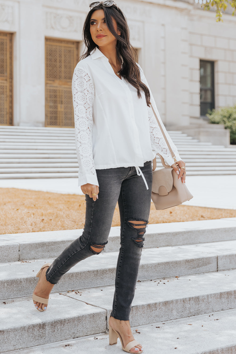 Lace Sleeve Johnny Collar Drawstring Shirt