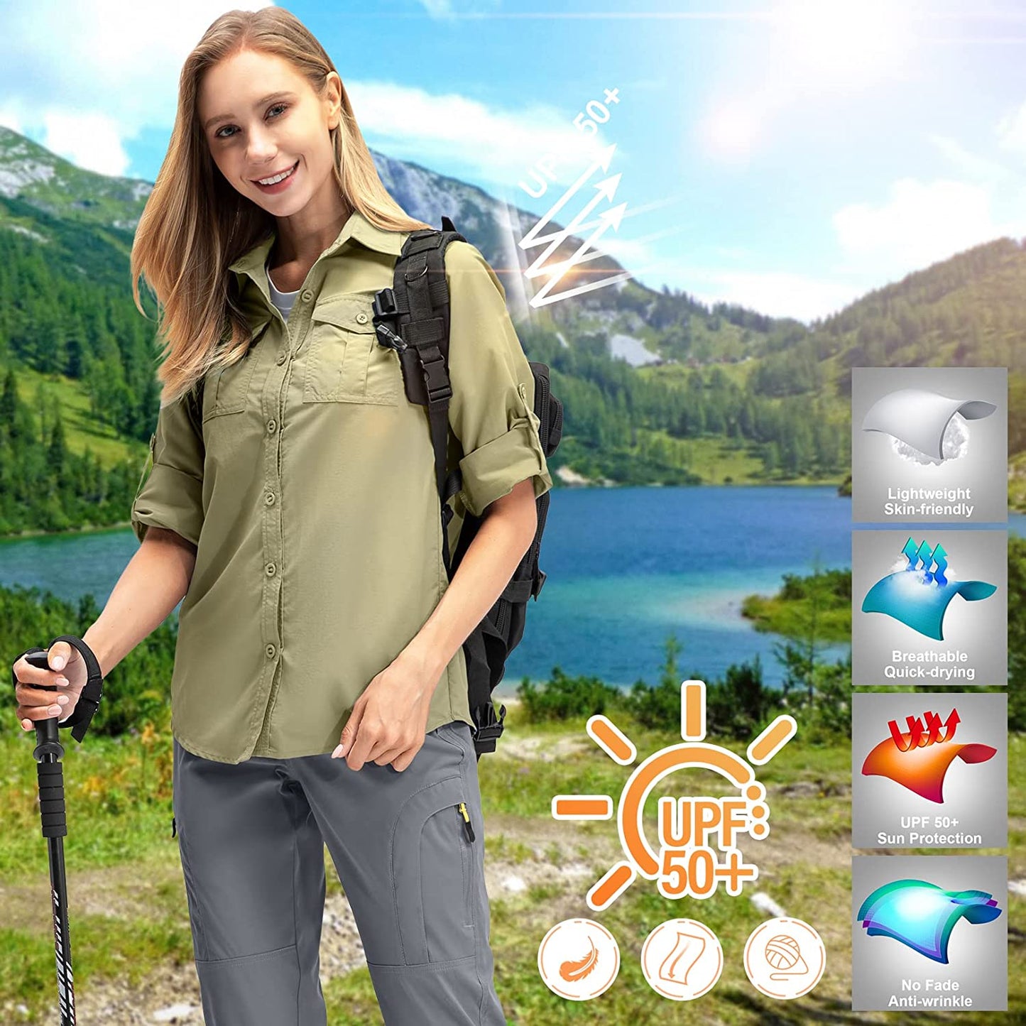 Women'S Quick Dry Sun UV Protection Convertible Long Sleeve Safari Shirts for Hiking Camping Fishing Sailing