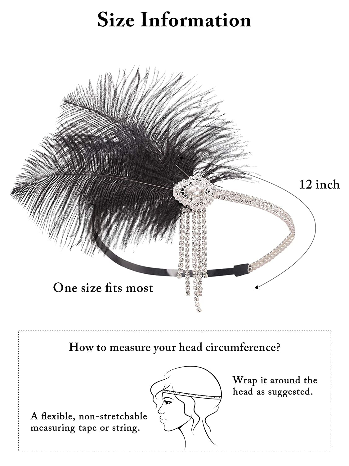 Flapper Headbands Women's 1920S Headpiece Great Gatsby Inspired Feather Headband, Black