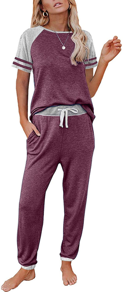 Lounge Sets for Women Two Piece Outfits Loungewear Short Sleeve Crewneck Jogger Pajama Set