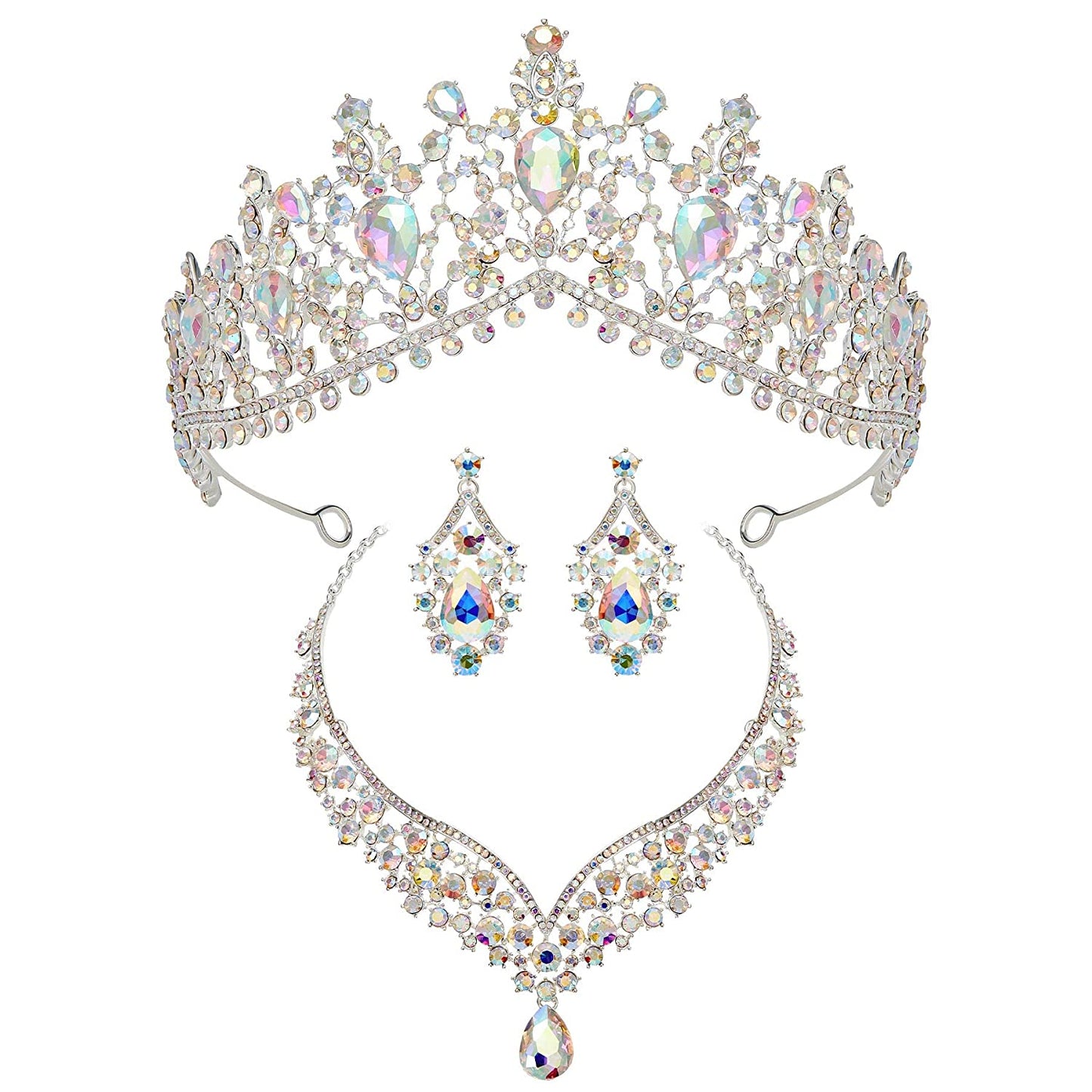 Baroque Wedding Crown for Bride, 3-Pack Tiara Earrings Necklace, Bridal Jewelry Set