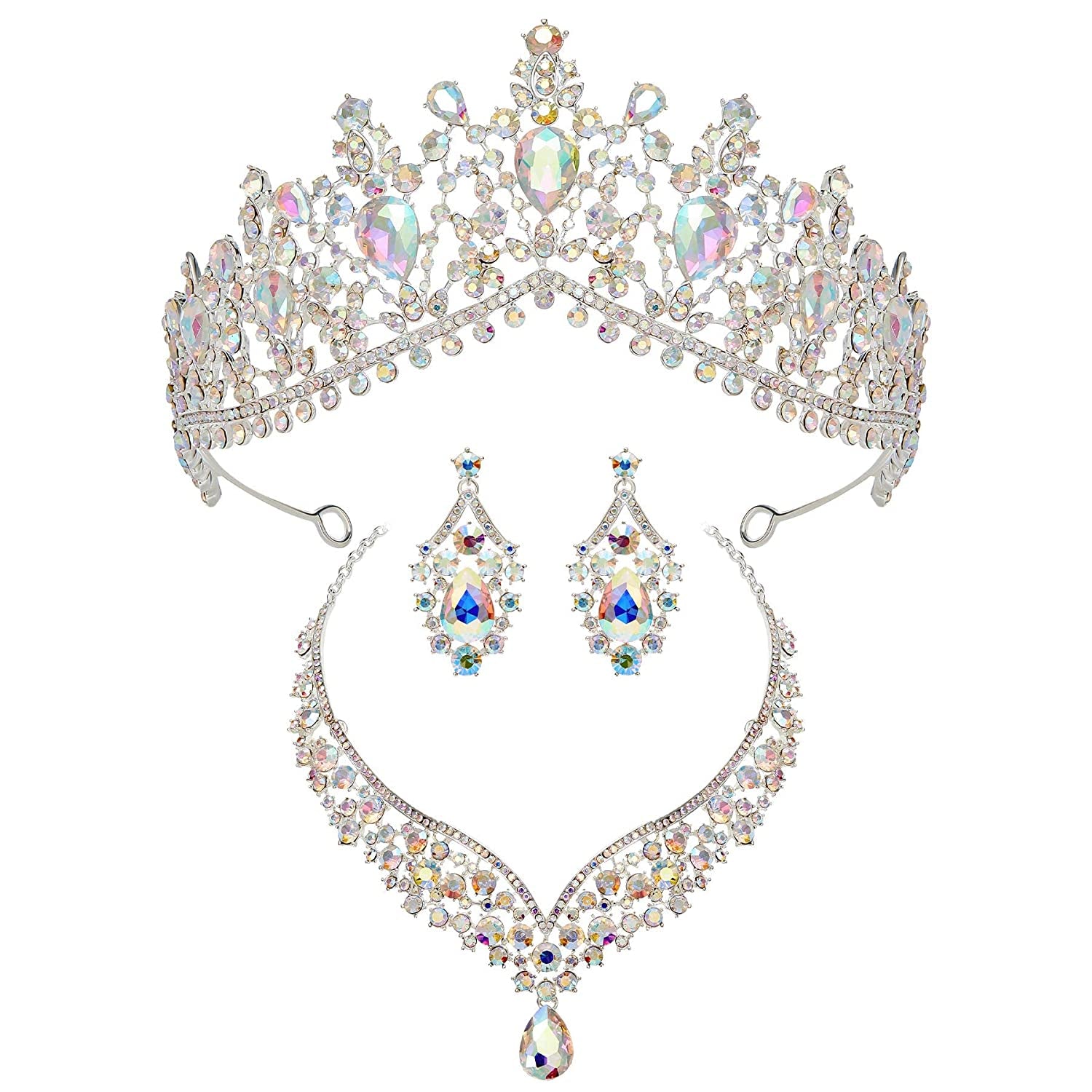 Baroque Wedding Crown for Bride, 3-Pack Tiara Earrings Necklace, Bridal Jewelry Set