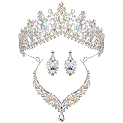 Baroque Wedding Crown for Bride, 3-Pack Tiara Earrings Necklace, Bridal Jewelry Set