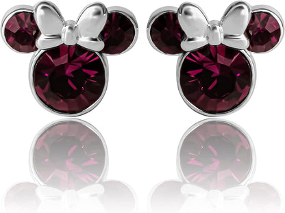 Minnie Mouse Crystal Birthstone Stud Earrings, Silver Plated, Gold Plated