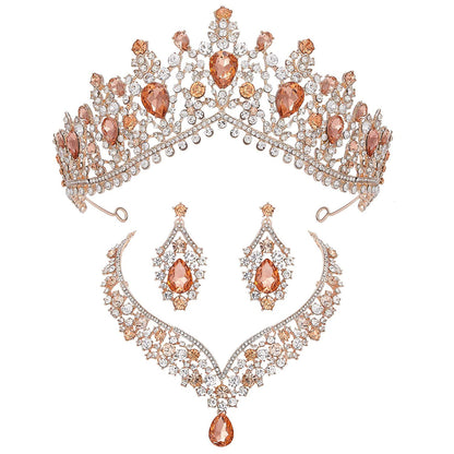 Baroque Wedding Crown for Bride, 3-Pack Tiara Earrings Necklace, Bridal Jewelry Set