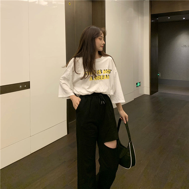 Loose All-match Student Drape Ripped Wide-leg Pants