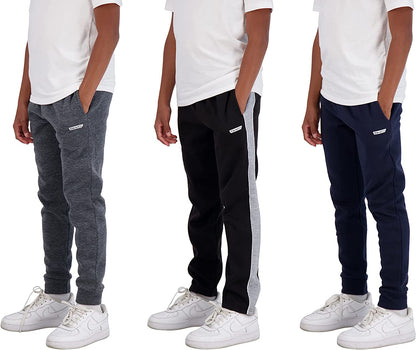 Boys 3-Pack Fleece and Tricot Jogger Sweatpants with Pockets for Athletic & Casual Wear