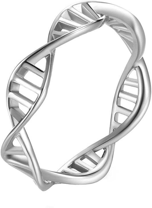 Women's Stainless Steel DNA Ring Chemistry Science Molecule Twist Rope Helix Band Silver