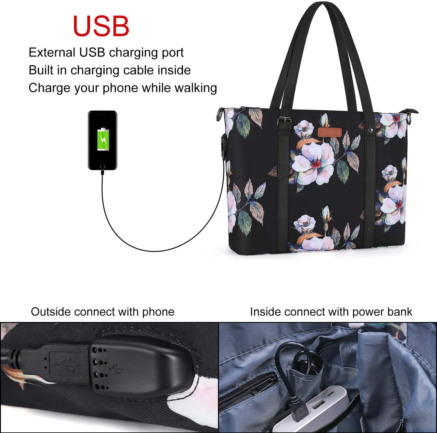 USB Port Laptop Tote Bag (17-17.3 Inch) with Adjustable Top Handle, Laptop Bag for Women