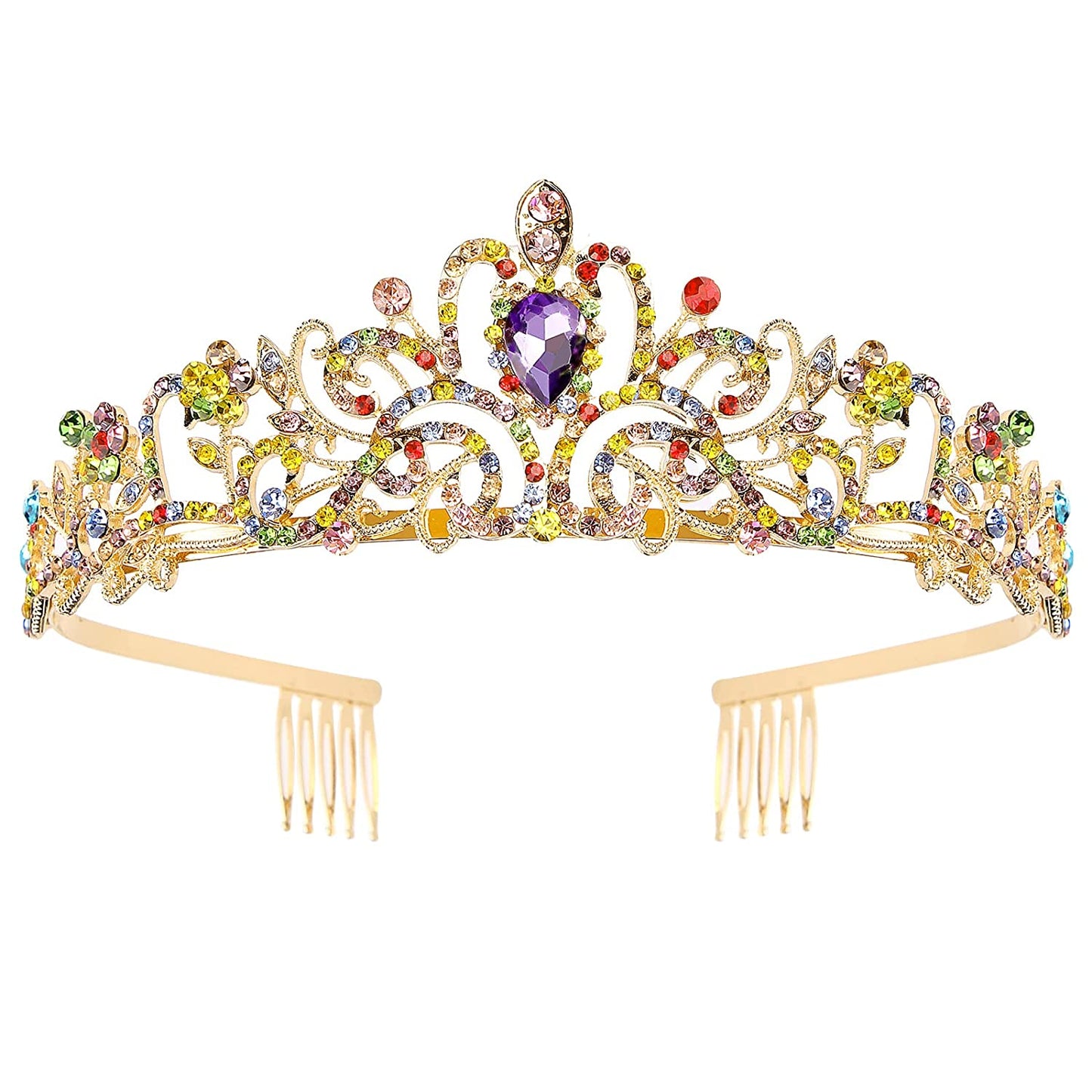 Gold Tiara for Women Crystal Crown with Colorful Gemstones Rhinestones Hair Accessories for Girls