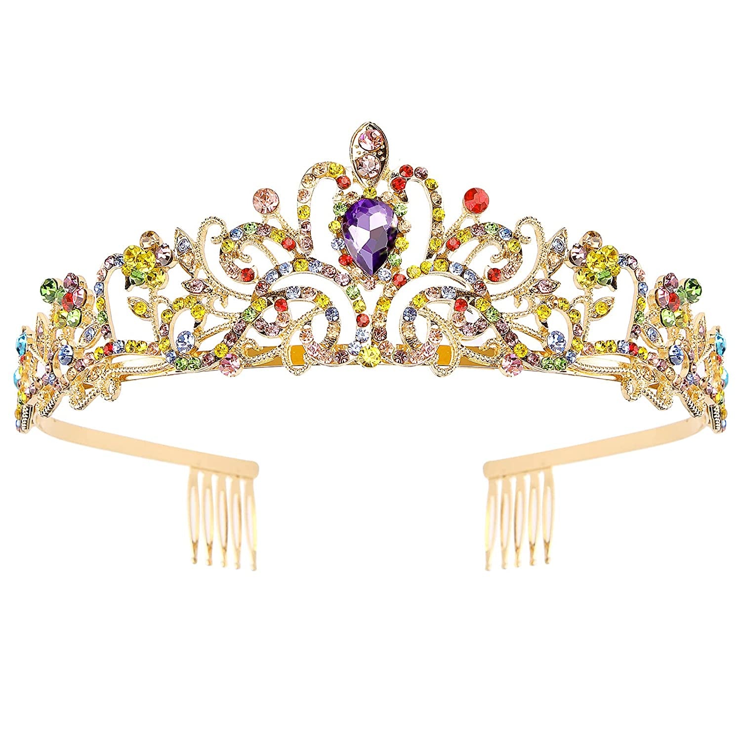 Gold Tiara for Women Crystal Crown with Colorful Gemstones Rhinestones Hair Accessories for Girls