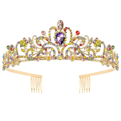 Gold Tiara for Women Crystal Crown with Colorful Gemstones Rhinestones Hair Accessories for Girls