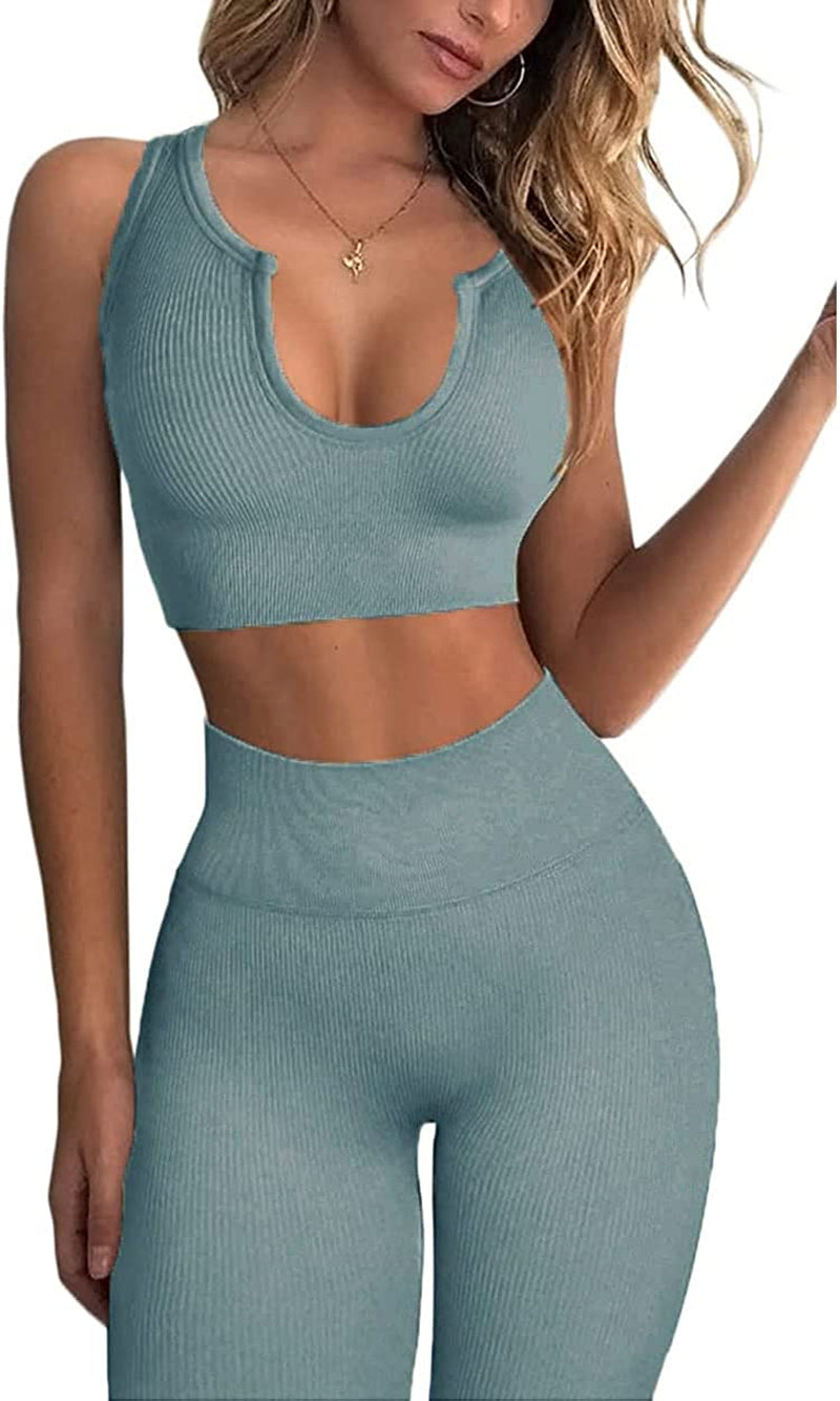 Seamless Workout Sets for Women Ribbed Sport Bra High Waist Running Shorts Gym 2 Piece Yoga Sets