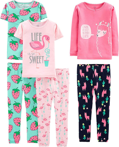 Babies, Toddlers, and Girls' 6-Piece Snug-Fit Cotton Pajama Set