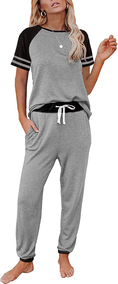 Lounge Sets for Women Two Piece Outfits Loungewear Short Sleeve Crewneck Jogger Pajama Set