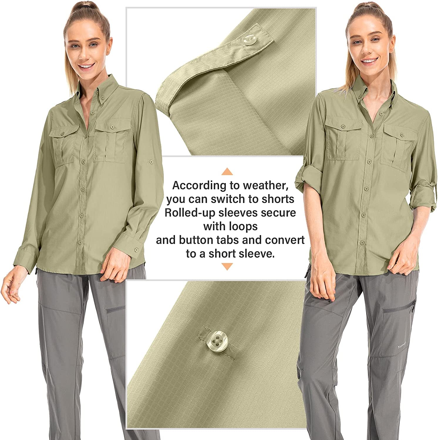 Women'S Quick Dry Sun UV Protection Convertible Long Sleeve Safari Shirts for Hiking Camping Fishing Sailing