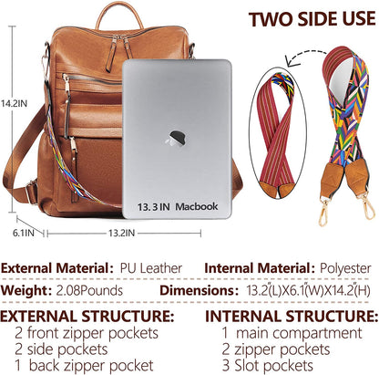 Women Backpack Purse, Fashion Leather Designer Ladies Rucksack, Convertible Travel Shoulder Bag with Colorful Strap