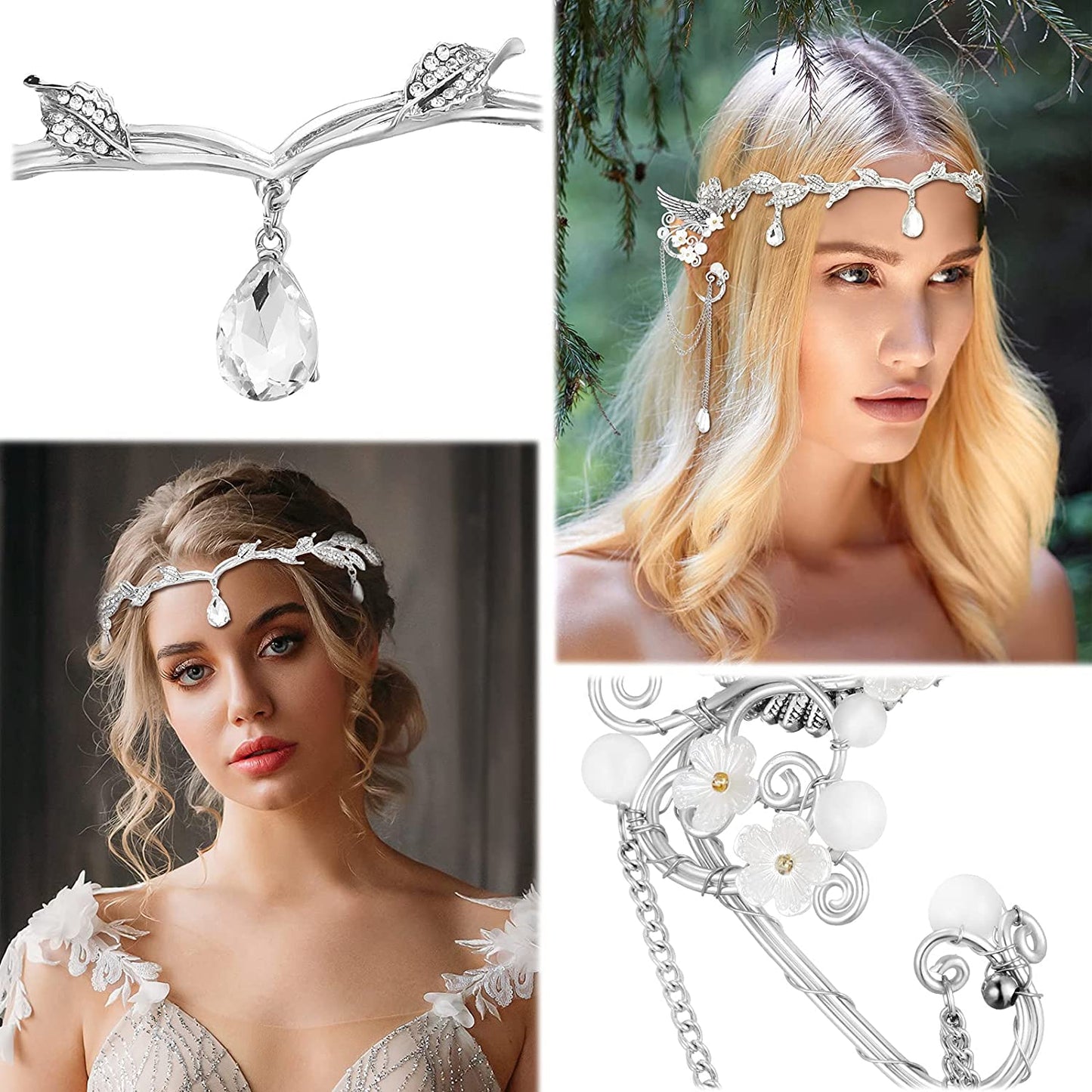 Rhinestone Fairy Leaf Headband Elf Ear Cuffs Crown Elf Earring Accessory for Fairy Cosplay Pageant Wedding Prom