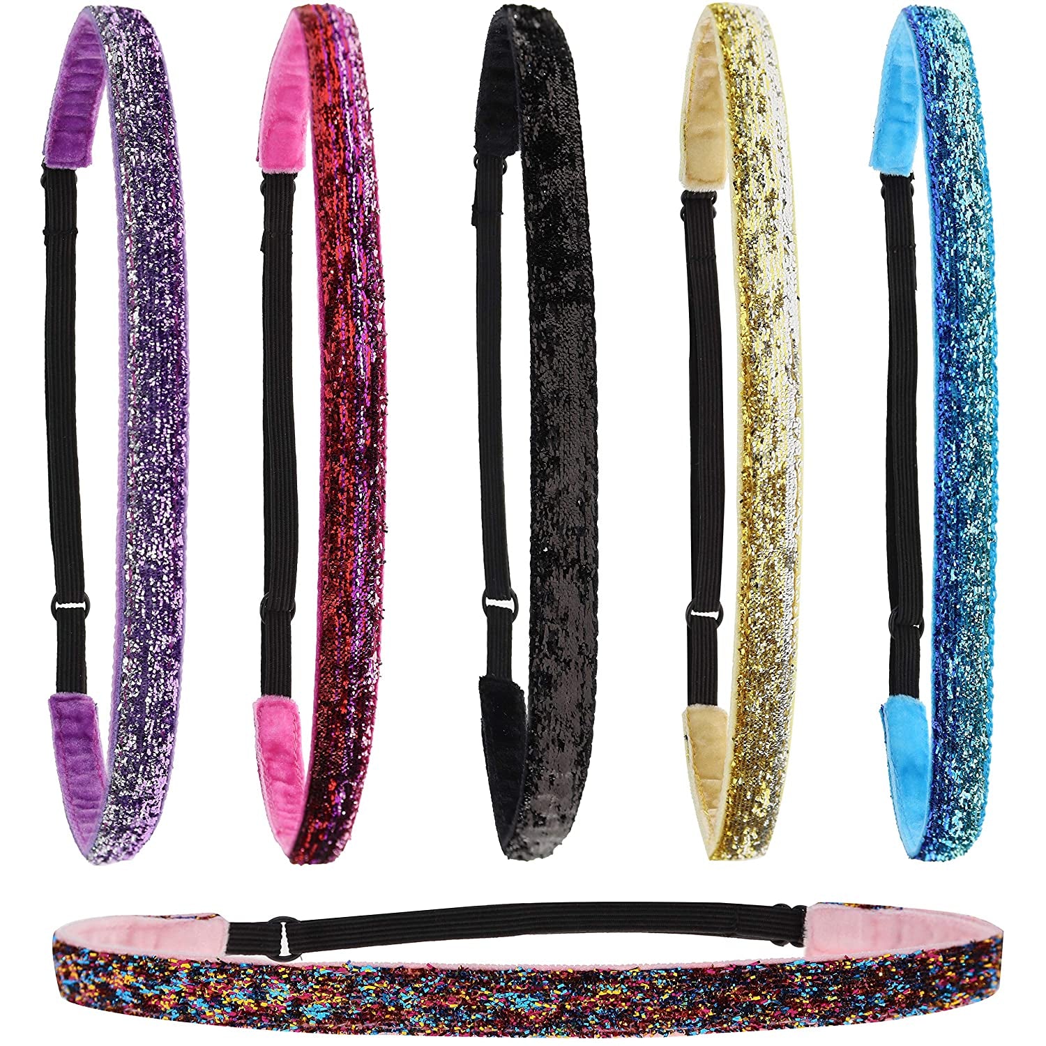 6 Sparkly Glitter Elastic Headbands for Girls, Adjustable Non Slip Thin Stretch Sports Headband for Teens