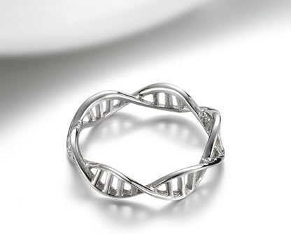 Women's Stainless Steel DNA Ring Chemistry Science Molecule Twist Rope Helix Band Silver