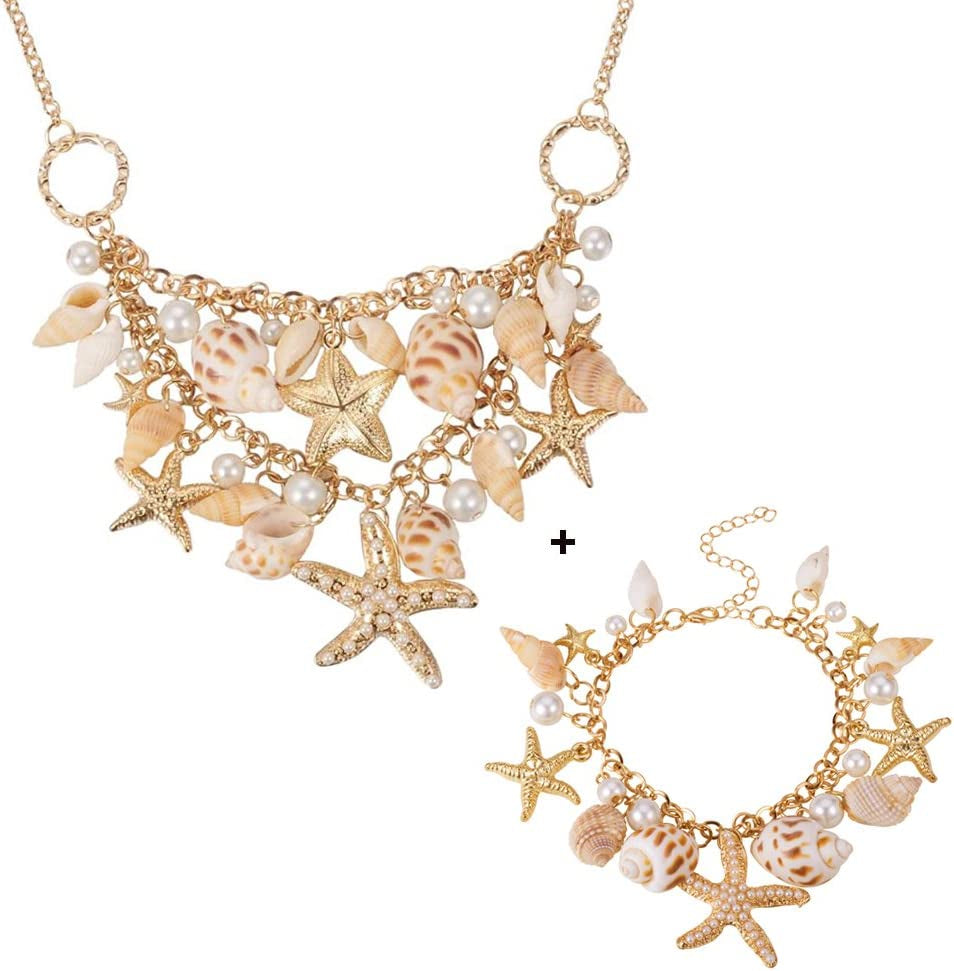 Fashion Sea Shell Starfish Bracelets Faux Pearl Charm Bracelets Golden Shell Beads Bracelets