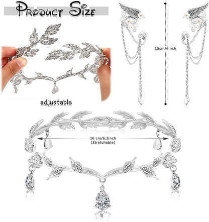 Rhinestone Fairy Leaf Headband Elf Ear Cuffs Crown Elf Earring Accessory for Fairy Cosplay Pageant Wedding Prom