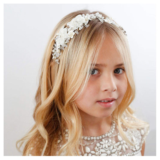 Flower Girl Headpiece Ivory Tulle Flowers Wedding Headband for Girls, Princess Pearl Hair Accessories