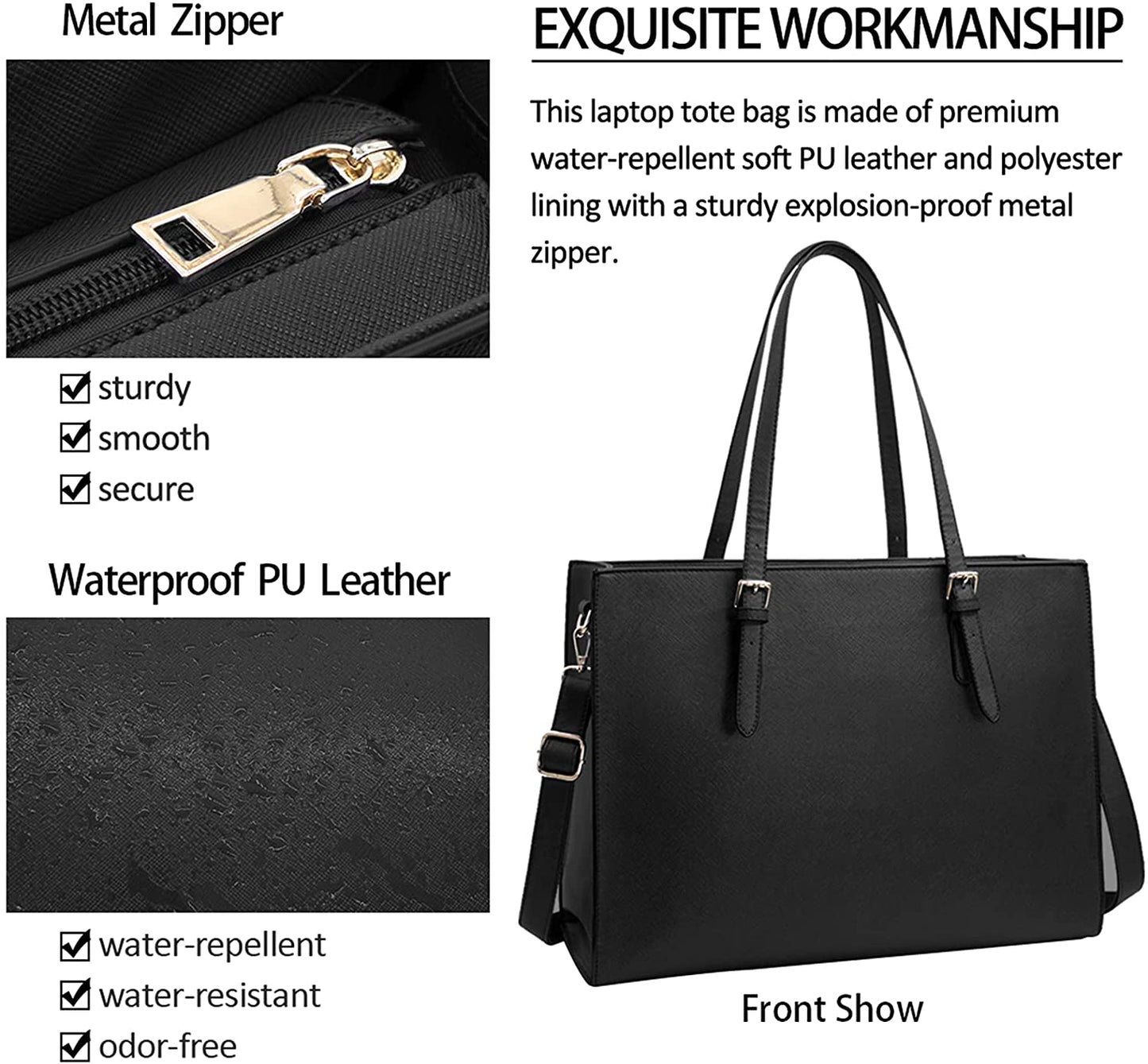 Laptop Bag for Women Waterproof Lightweight Leather 15.6 Inch Computer Tote Bag Business Office Briefcase Bag, Black