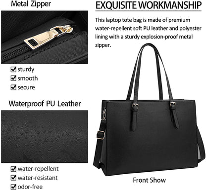 Laptop Bag for Women Waterproof Lightweight Leather 15.6 Inch Computer Tote Bag Business Office Briefcase Bag, Black