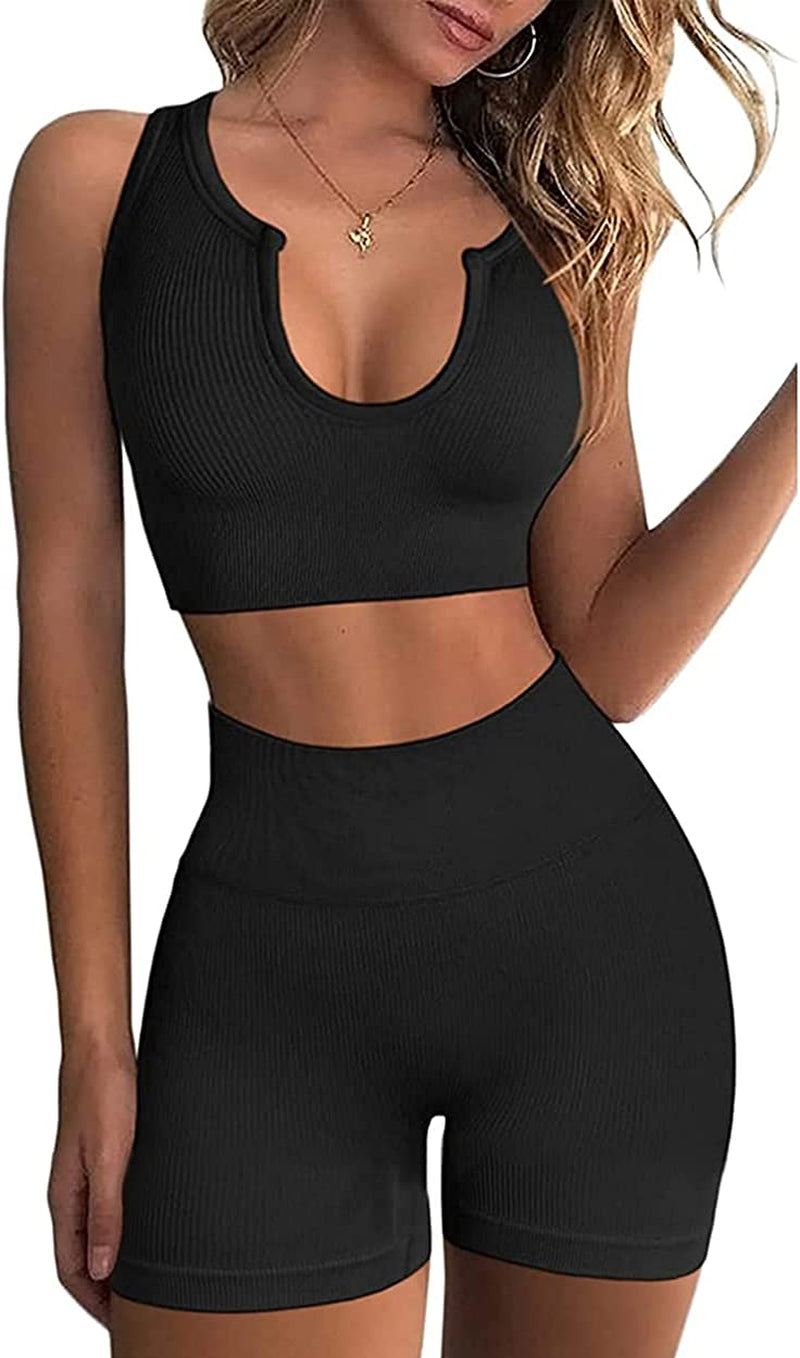 Seamless Workout Sets for Women Ribbed Sport Bra High Waist Running Shorts Gym 2 Piece Yoga Sets