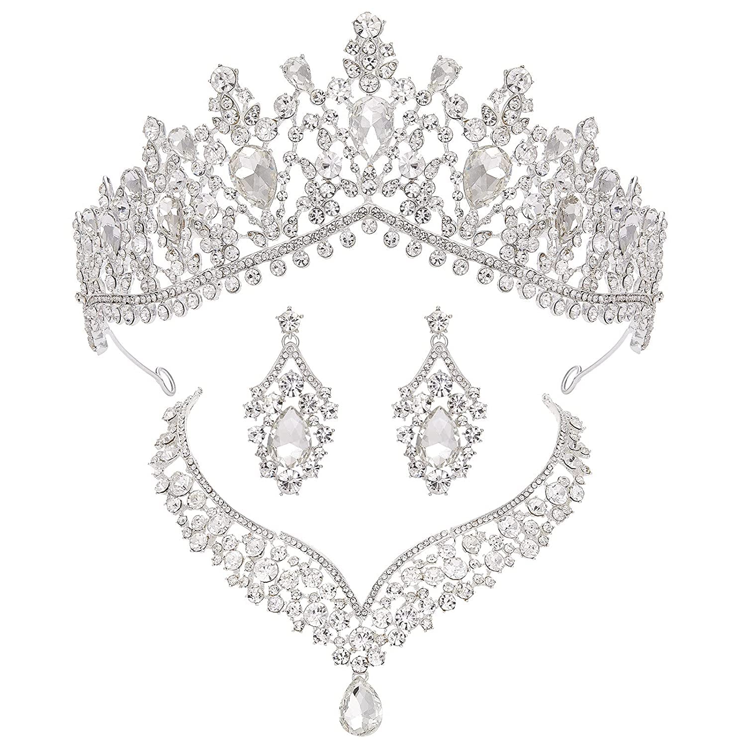 Baroque Wedding Crown for Bride, 3-Pack Tiara Earrings Necklace, Bridal Jewelry Set