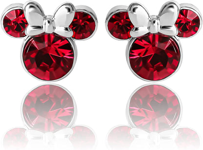 Minnie Mouse Crystal Birthstone Stud Earrings, Silver Plated, Gold Plated