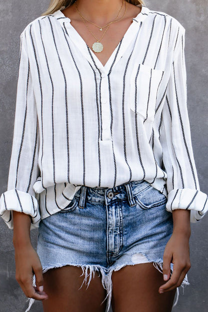 Striped V-Neck High-Low Shirt with Breast Pocket