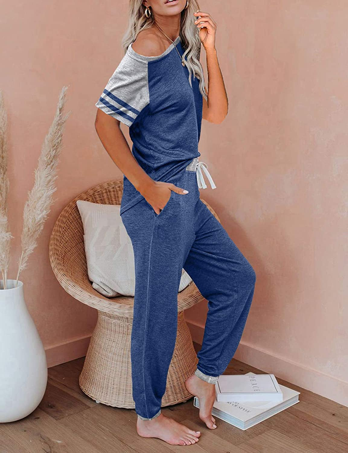 Lounge Sets for Women Two Piece Outfits Loungewear Short Sleeve Crewneck Jogger Pajama Set