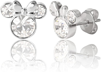 Minnie Mouse Crystal Birthstone Stud Earrings, Silver Plated, Gold Plated