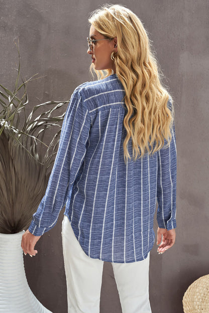 Striped V-Neck High-Low Shirt with Breast Pocket