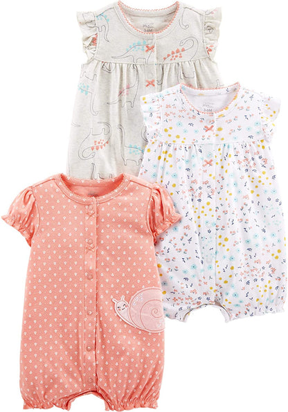 Baby Girls' Snap-Up Rompers, Pack of 3