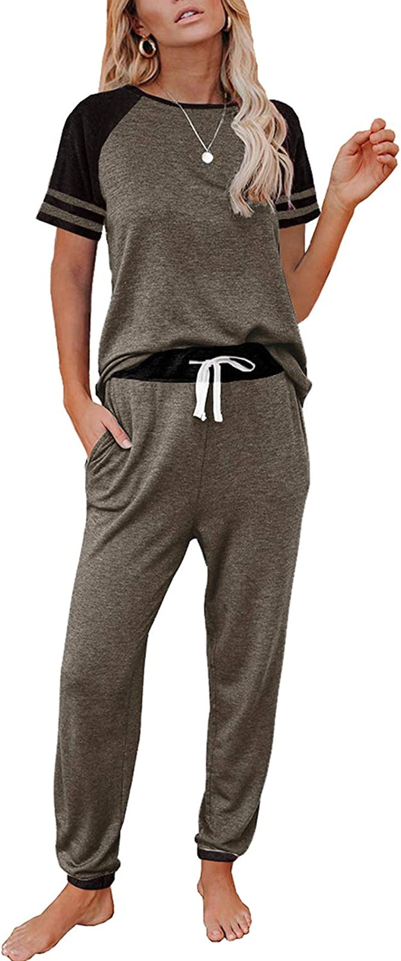 Lounge Sets for Women Two Piece Outfits Loungewear Short Sleeve Crewneck Jogger Pajama Set