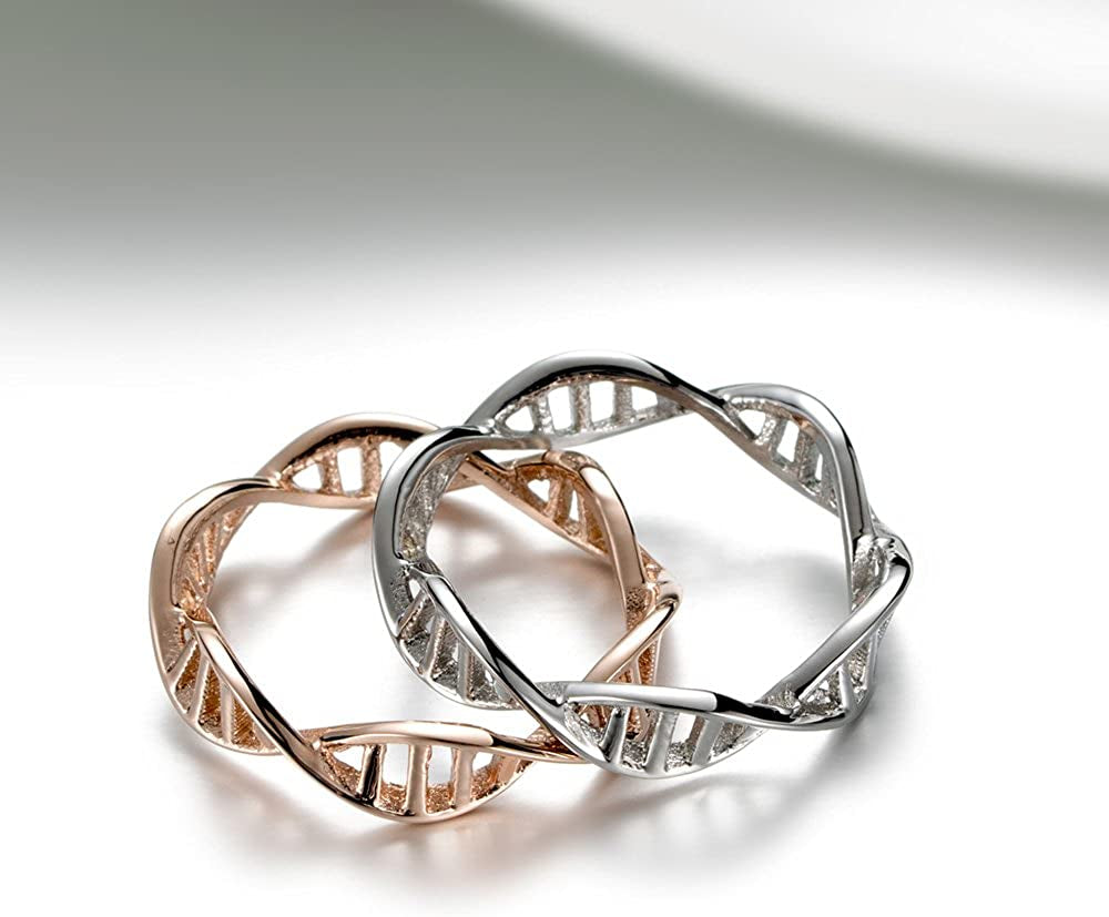 Women's Stainless Steel DNA Ring Chemistry Science Molecule Twist Rope Helix Band Silver