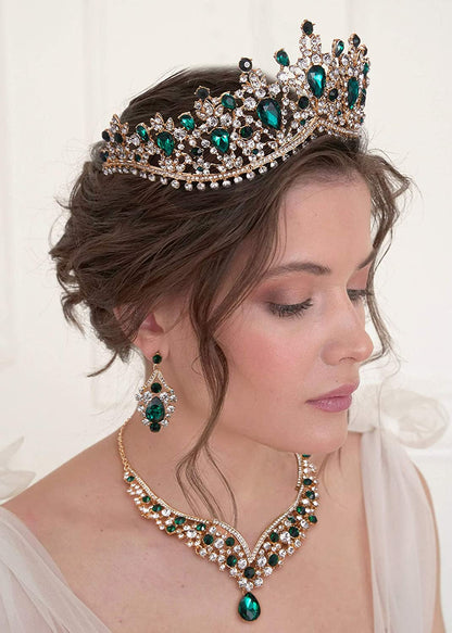 Baroque Wedding Crown for Bride, 3-Pack Tiara Earrings Necklace, Bridal Jewelry Set