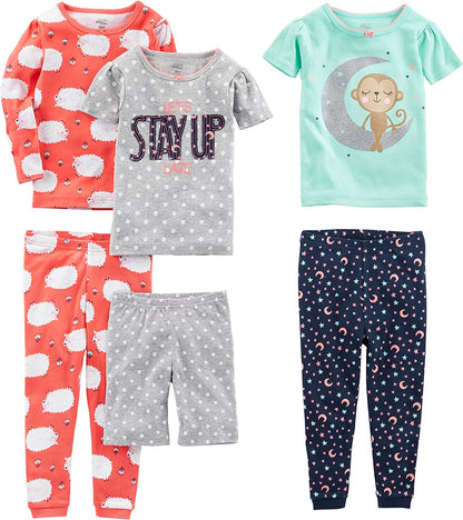 Babies, Toddlers, and Girls' 6-Piece Snug-Fit Cotton Pajama Set