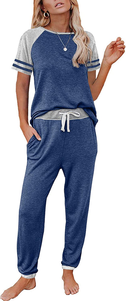 Lounge Sets for Women Two Piece Outfits Loungewear Short Sleeve Crewneck Jogger Pajama Set