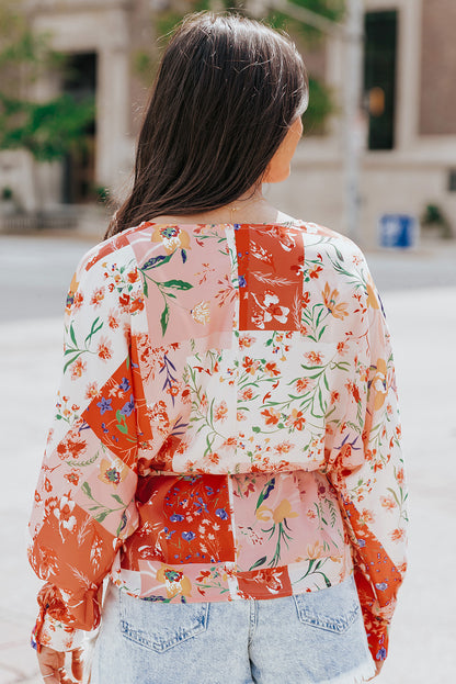 Floral Patchwork Tied Long Sleeve Blouse