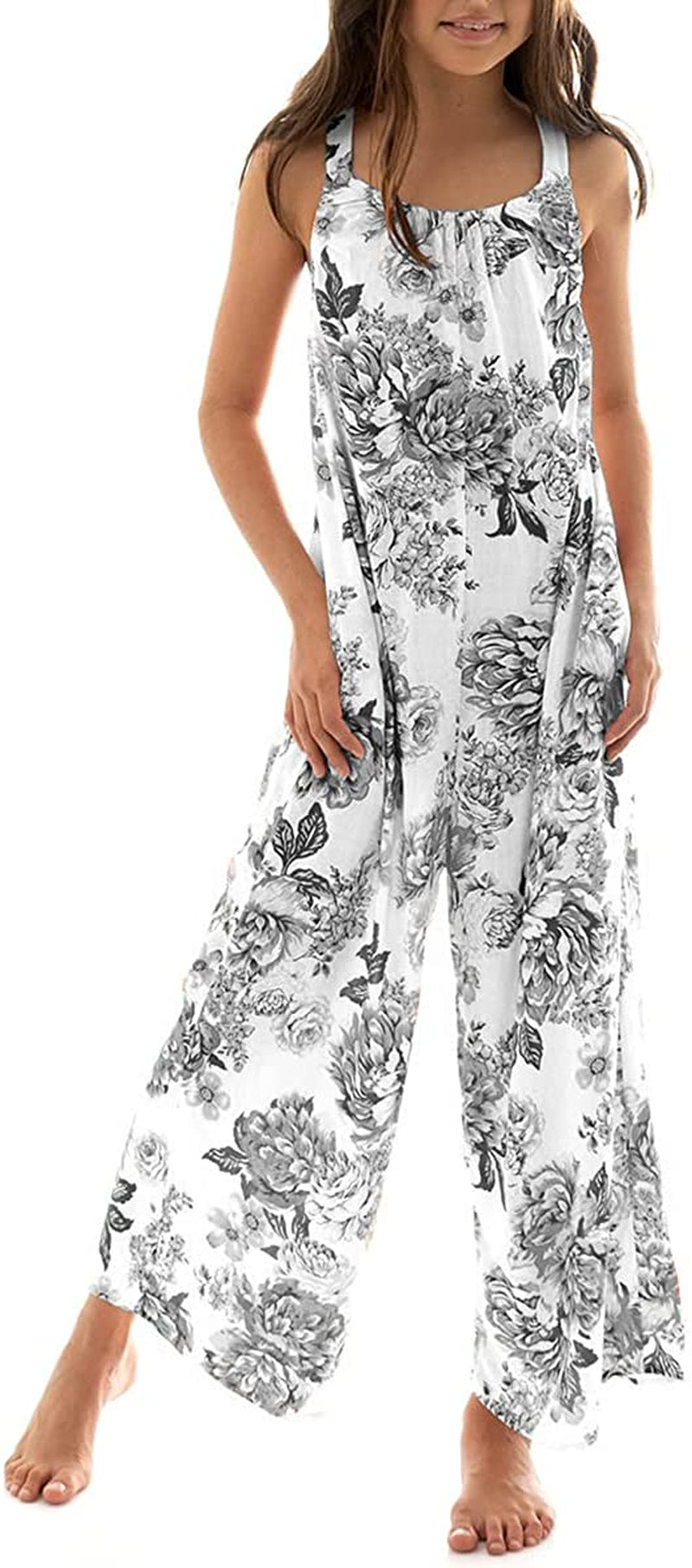 Girls Floral Backless Maxi Jumpsuit Teen Wide Leg Rompers Kids Summer Casual Boho Overalls Pants